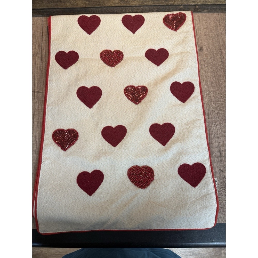 Rachel Zoe Beaded Heart‎ Table Runner Ivory Red Valentine Decor 72"